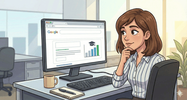 An office worker at a desk researching business administration salary trends and graduation statistics on a computer.